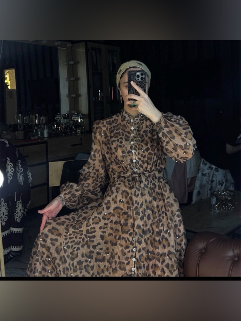 Leopard Print Long Sleeve Midi Dress - S/M